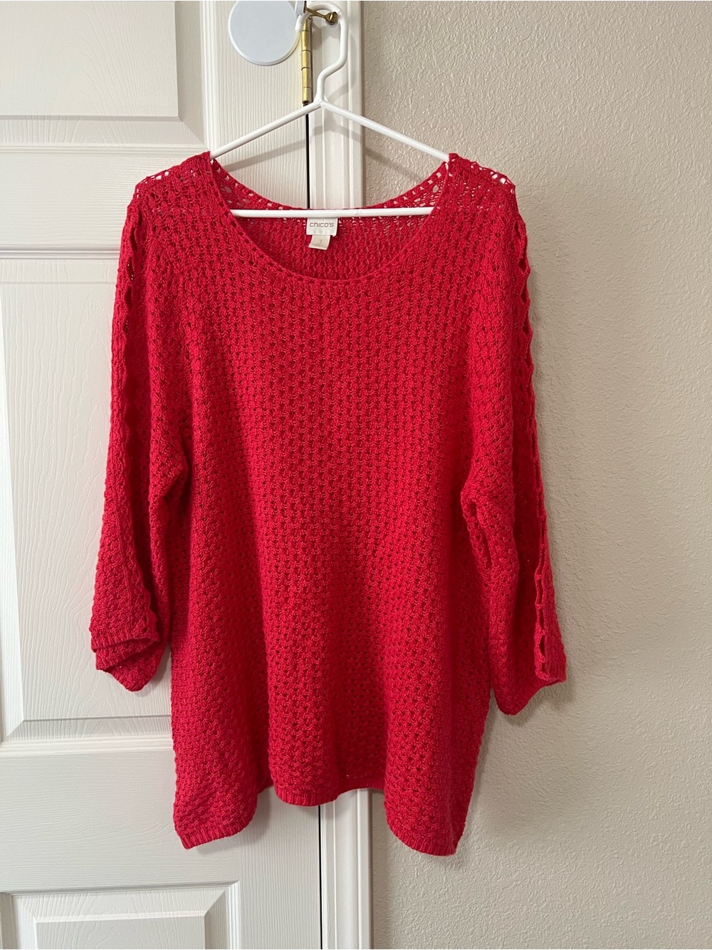 Chico’s Size 3 Red Open Knit Crochet Sweater Tunic 3/4 Bell Sleeve